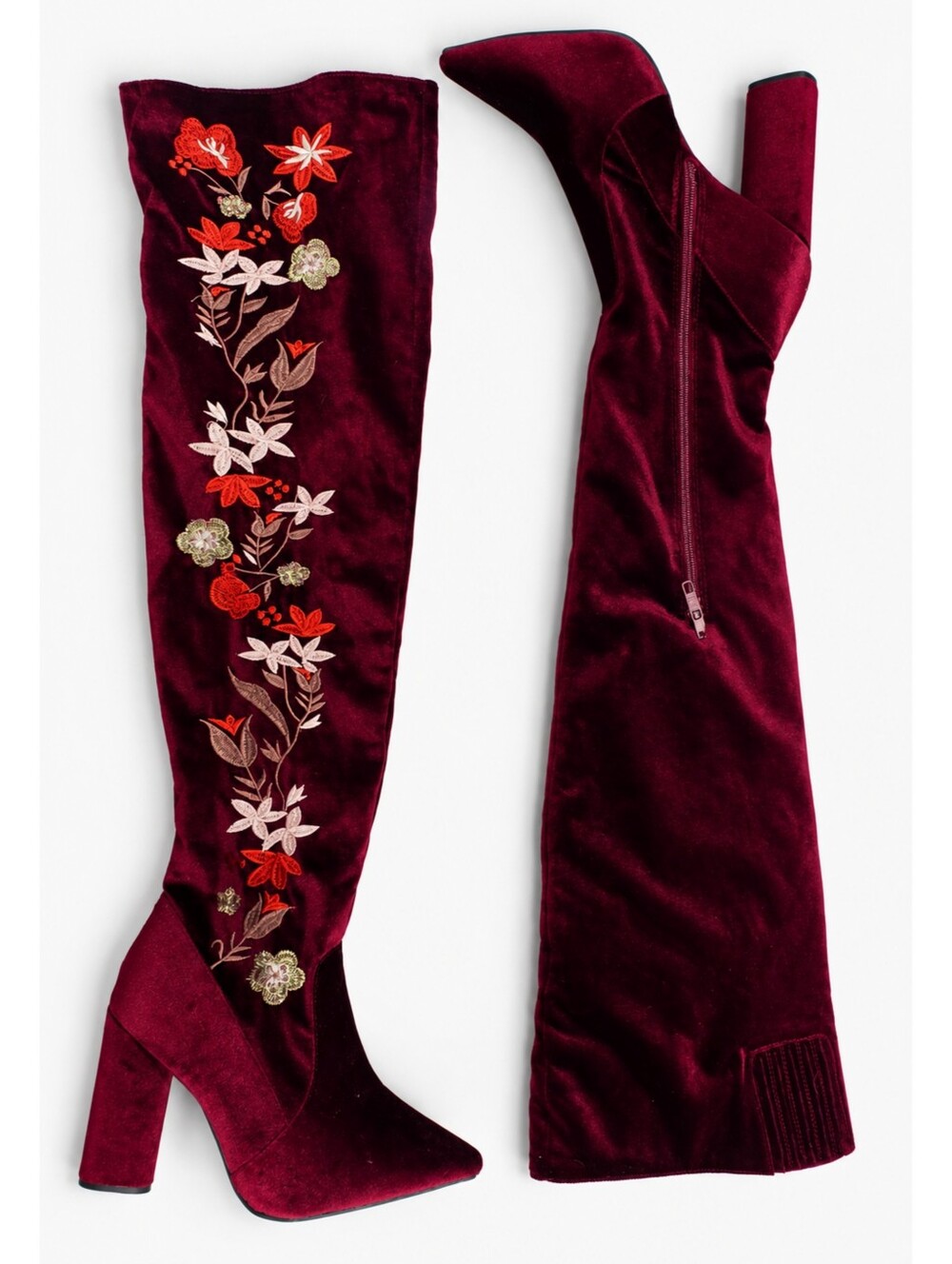 QUPID | Burgundy Velvet Embroidered Thigh High Boots Floral Block Heel Statement - Picture 3 of 6